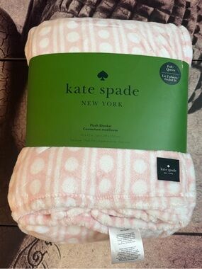 kate spade New York Pink and White Polka Stripe Plush Blanket